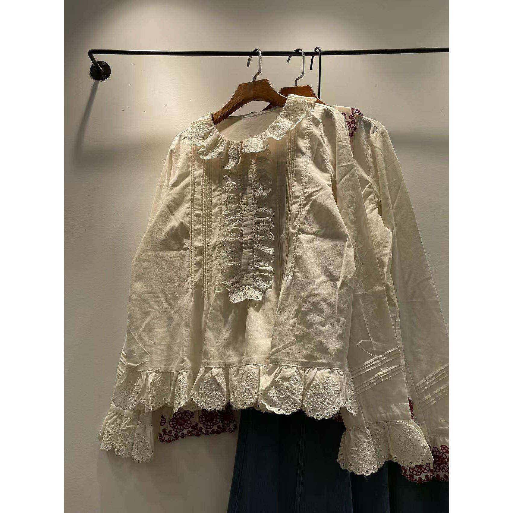 极速2026春秋女装新款森女系刺绣花边领单排扣宽松长袖衬衫女衬衣