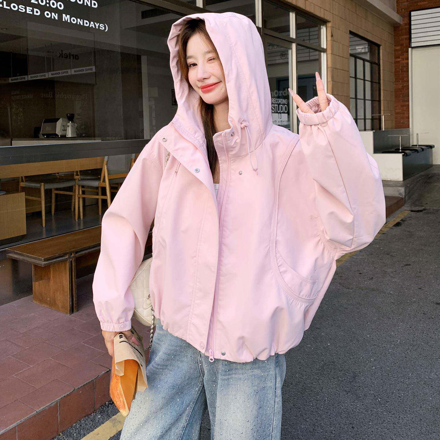 极速粉色可盐可甜减龄连帽冲锋衣夹克女秋新款小个子休闲超好看短