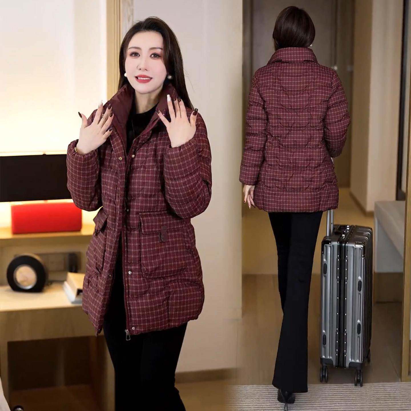 极速时尚加绒加厚中长款格子棉服女2026冬季新款加厚保暖立领棉袄