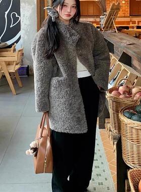 4PRIL冬季环保皮草宽松慵懒羊羔毛中长款皮毛一体外套毛毛大衣女