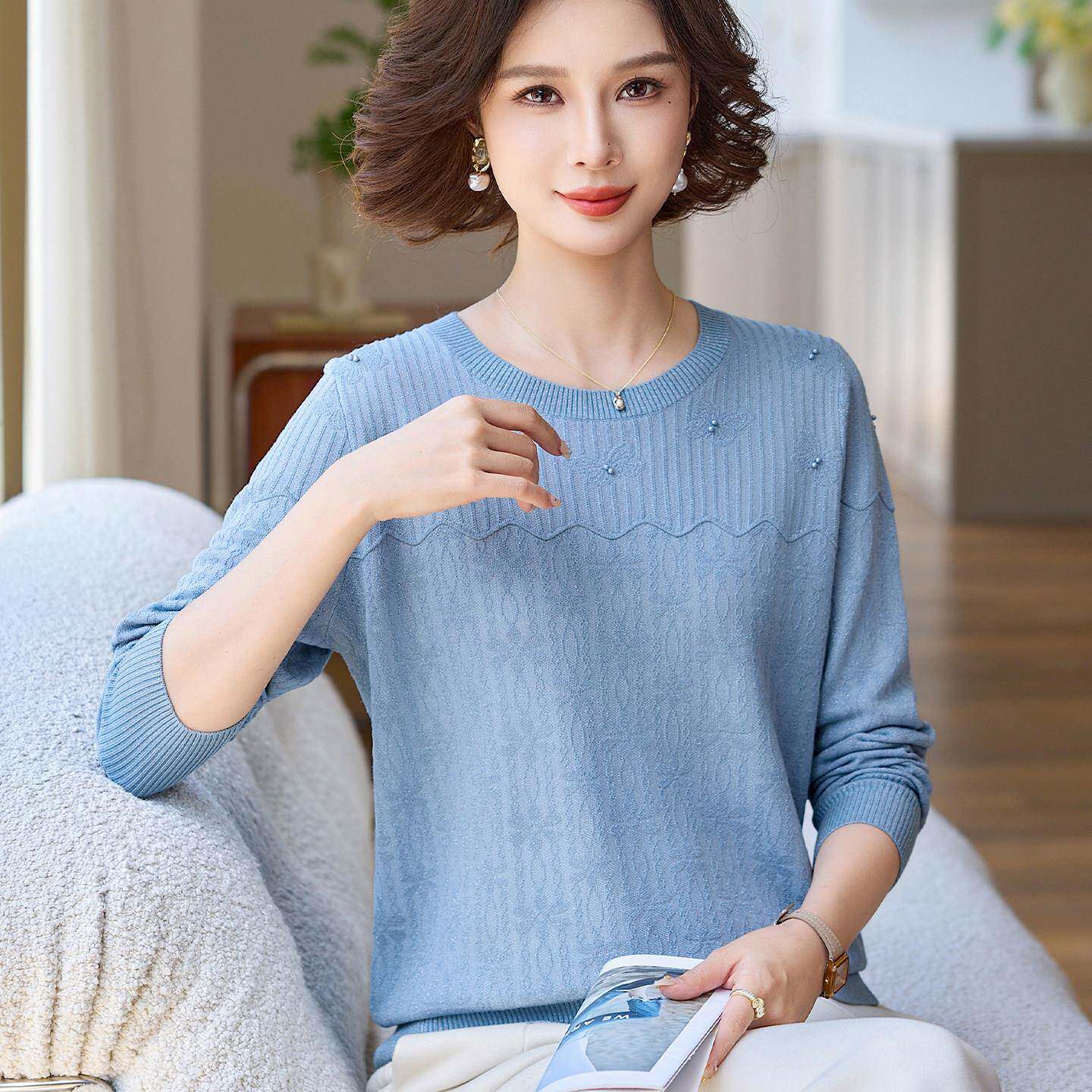 极速妈妈装秋季薄款针织小衫圆领上衣中老年女装时尚长袖T恤打底
