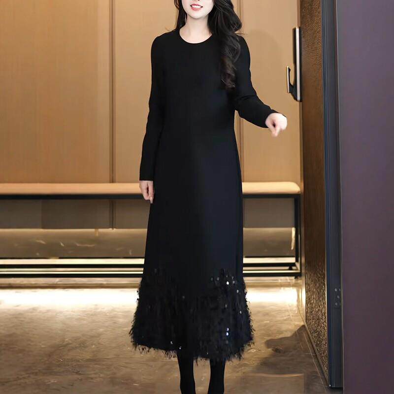 极速长袖连衣裙显瘦时髦亮片拼接设计感F气质减龄黑色打底裙中长
