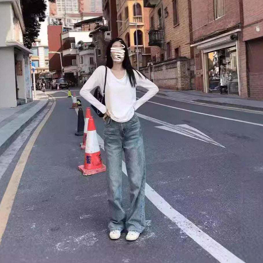 极速修身百搭显瘦白色v领薄款长袖t恤上衣女休闲打底衫高弹高弹显