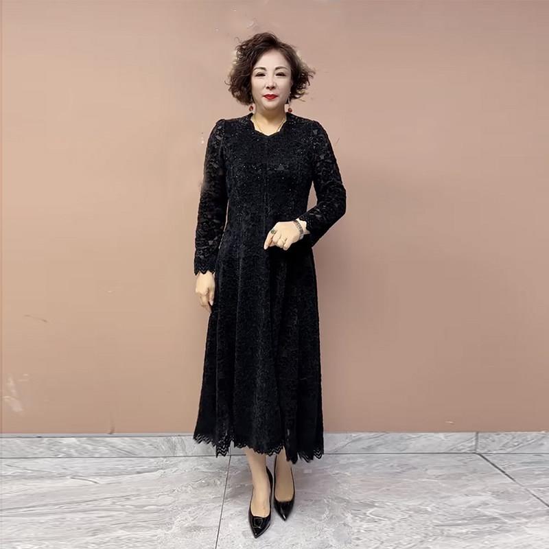 极速春秋新款蕾丝连衣裙长款过膝大码宽松遮肚显瘦气质妈妈海岛绒