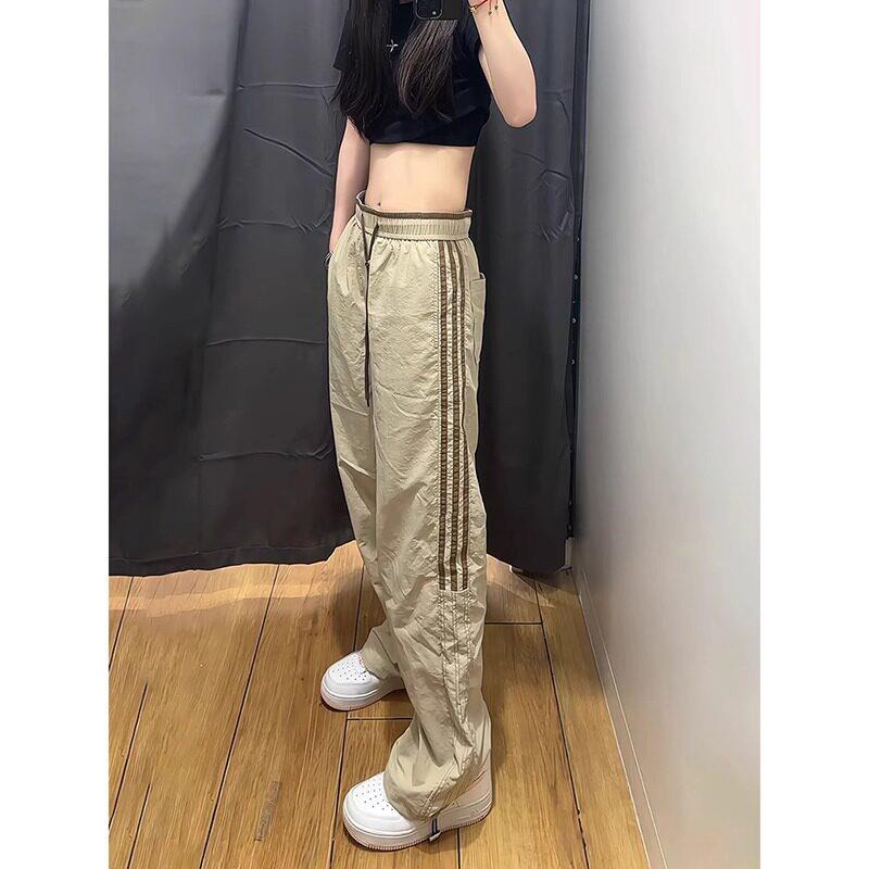 极速卡其色速干工装裤女早秋欧货小个子冰丝高腰垂感条纹裤子运动