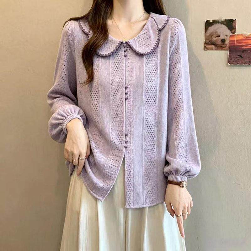 极速大码甜美独特紫色娃娃领长袖衬衫女秋冬季胖MM宽松遮肚子百搭