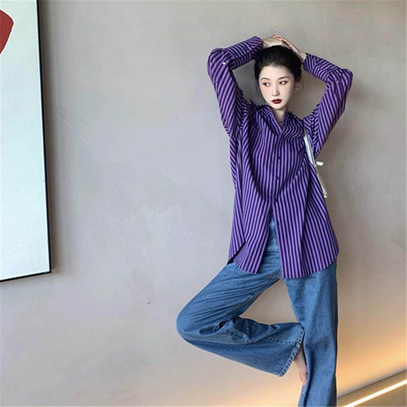 极速复古港风紫色防晒条纹衬衫女春秋欧货长袖洋气叠穿正肩别致衬