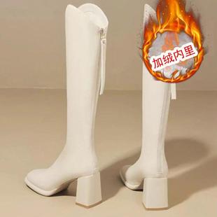 推荐粗跟长筒靴子女2025新款秋冬季加绒白色V口高跟不过膝长靴马