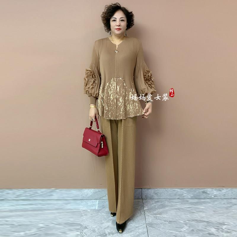 极速年轻气质提花钉珠立体花袖褶皱上衣裤子两件套女新款时尚轻奢