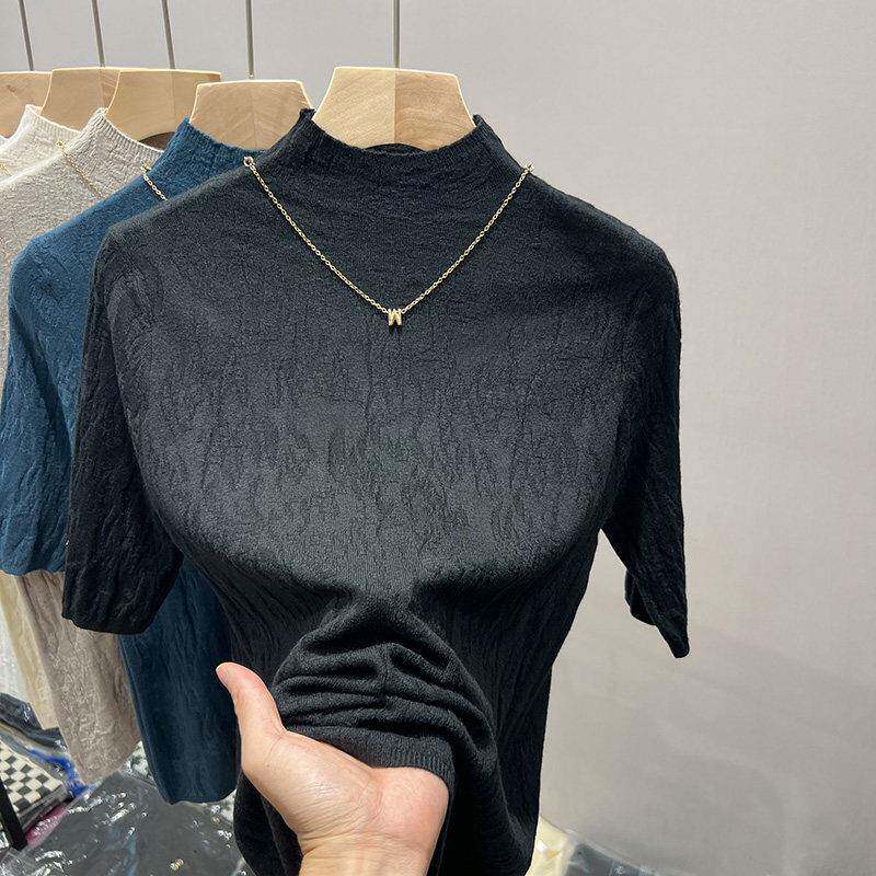 极速半高领针织衫女春秋深圳欧货品牌中领短袖中袖T恤上衣内搭打