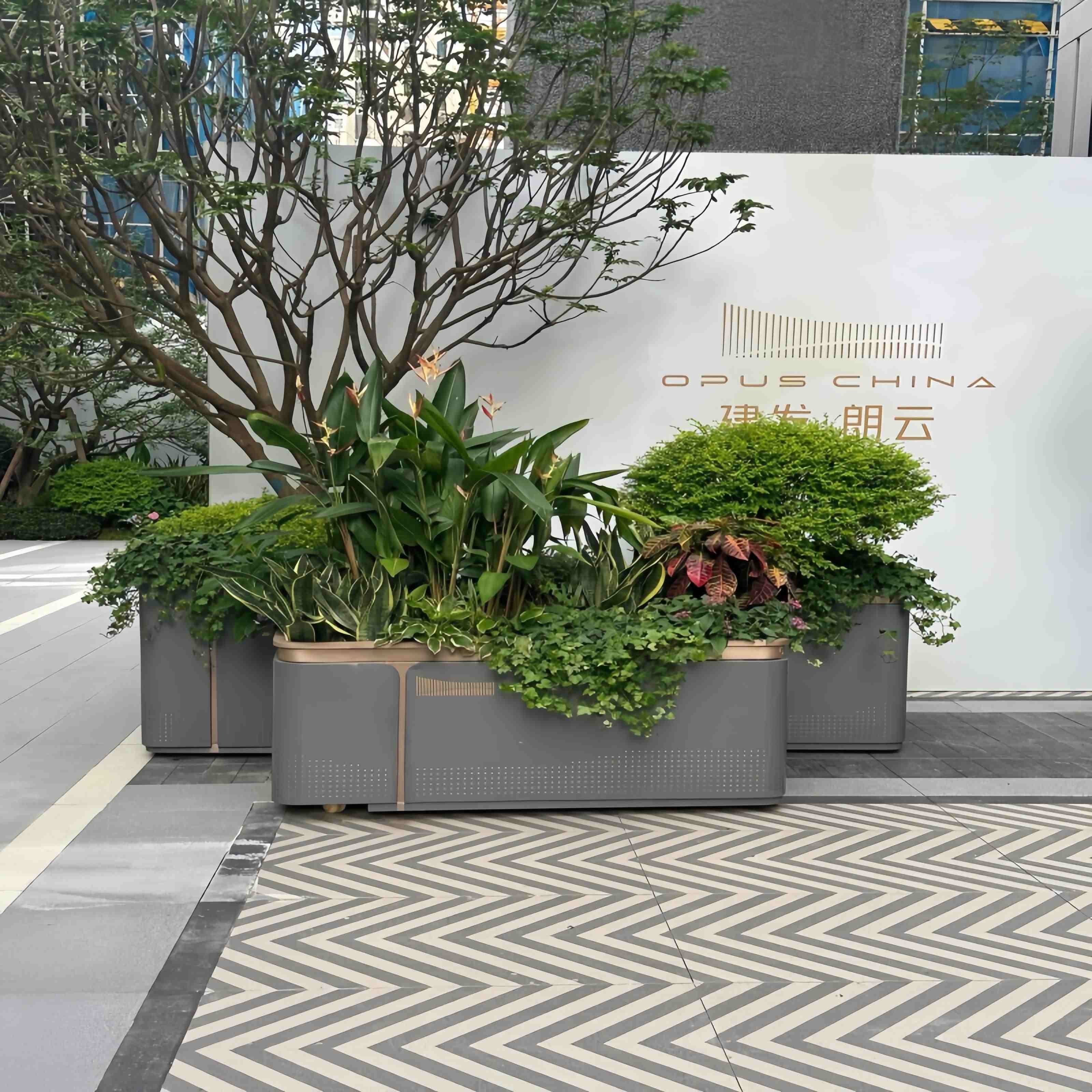 建发款式不锈钢户外花箱组合样品屋展示中心可移动花盆商业街隔断