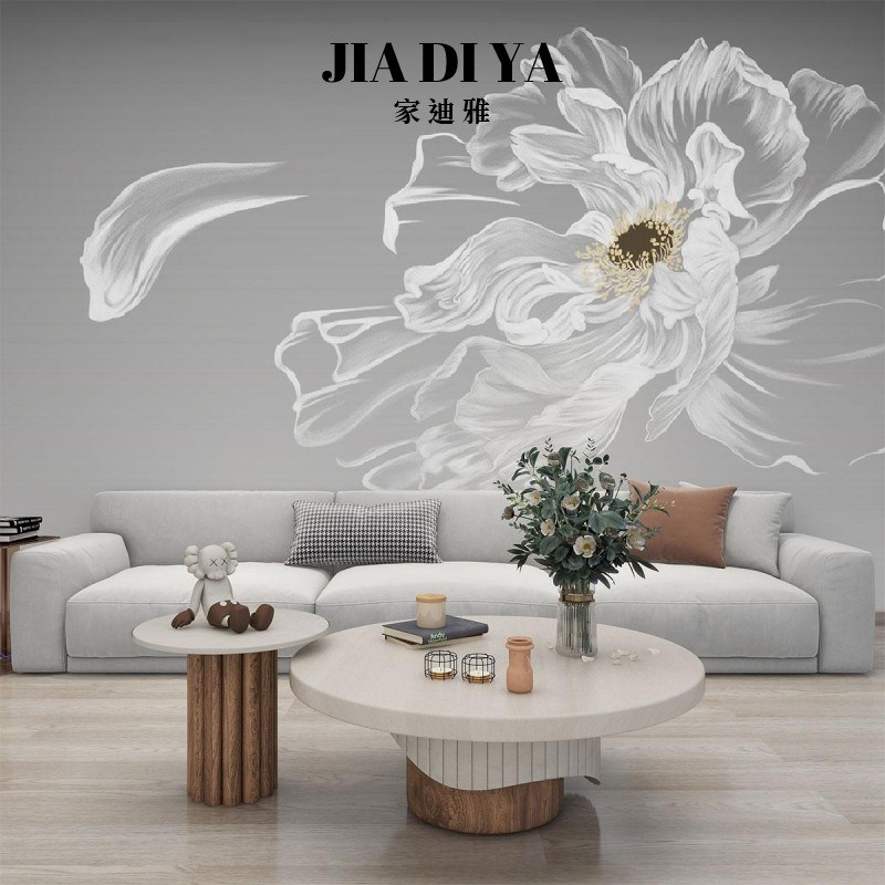 简约原木奶油风手绘牡丹花白色艺术壁画客厅卧室沙发美式影视墙布