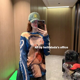 现货2024夏季 显瘦凉爽宽松个性 大片M印花蓝色防晒打底衫 网纱 新款