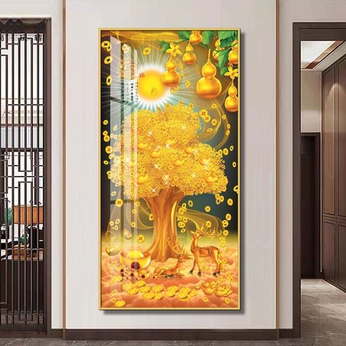 晶瓷画玄关装饰画新中式客厅入户走廊过道挂画发财摇钱树传统壁画