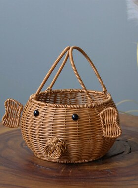田园花篮摆件 h动物花器 塑料藤编手提花篮 礼品篮收纳篮插花篮子