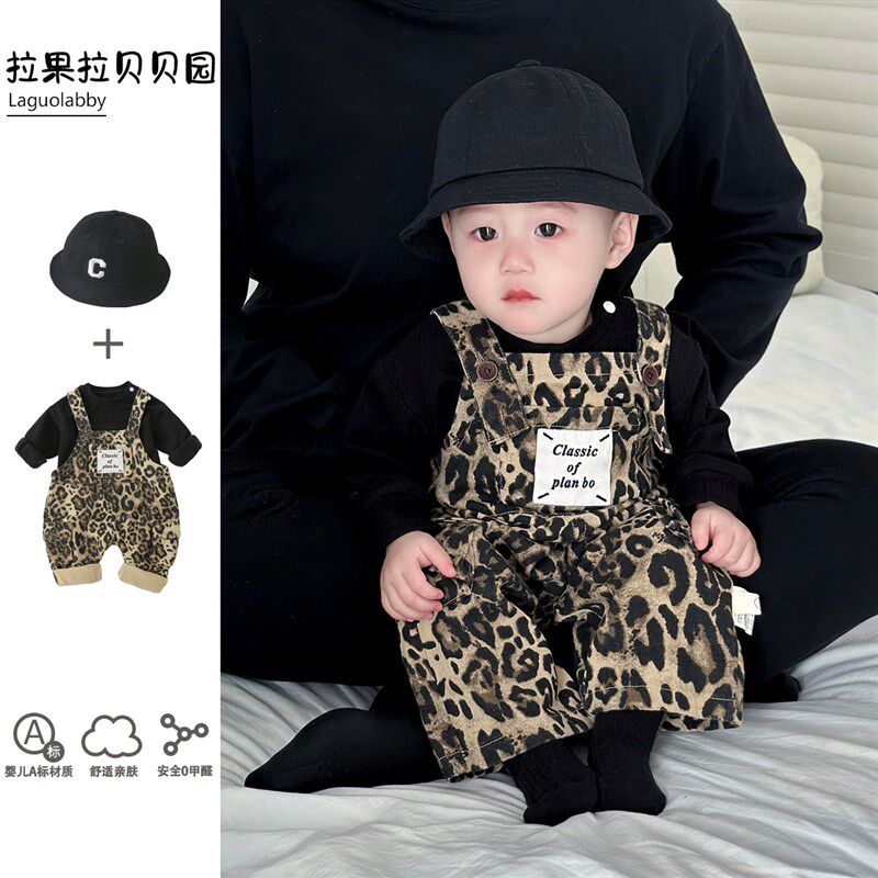 男小童春装套装2025新款潮痞帅气婴G儿背带裤+打底衣两件套外出服