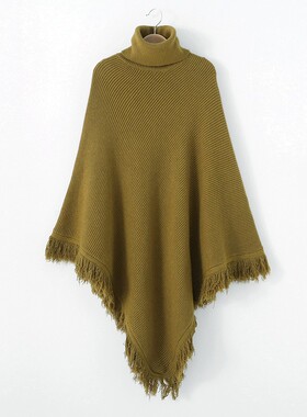 外搭高领毛衣披肩女秋冬新款中长款不规J则流苏蝙蝠衫披肩斗篷加