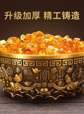 纯铜聚宝盆摆件客厅装饰水晶元宝大号铜缸开业乔迁送礼品