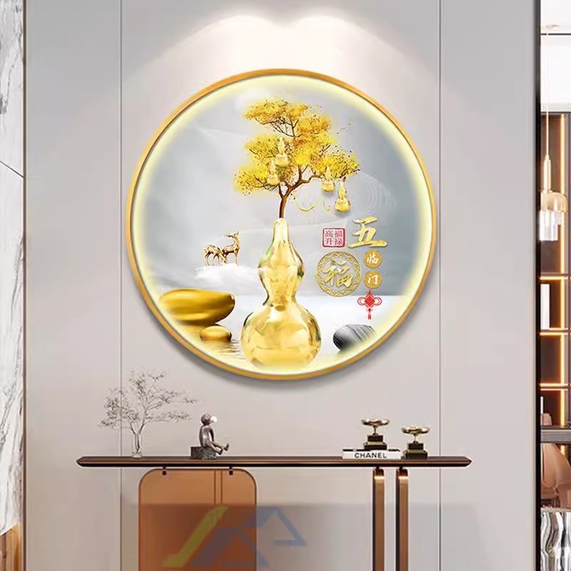 五福临门葫芦圆形玄关装饰壁画进门过道福鹿挂画新中式寓意好餐厅图片