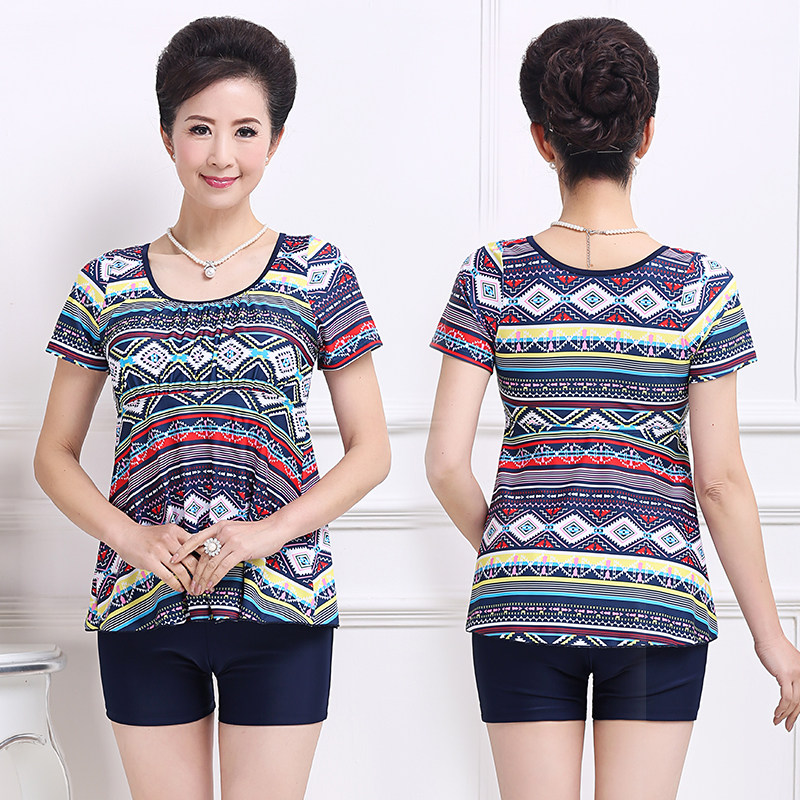 妈妈款泳衣女保守分体平角中老年加大加肥连体大码宽松遮肚温泉装