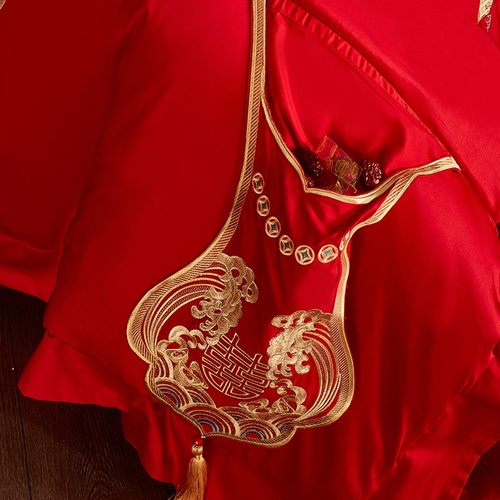 婚庆四件套1.8米刺绣龙凤百子图十件套大红色结婚六件套床上用品