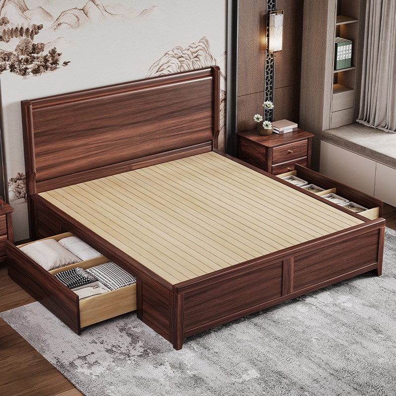 新中式乌金木实木床1.5米主卧双人大床1.8米带抽屉气压储物高箱床