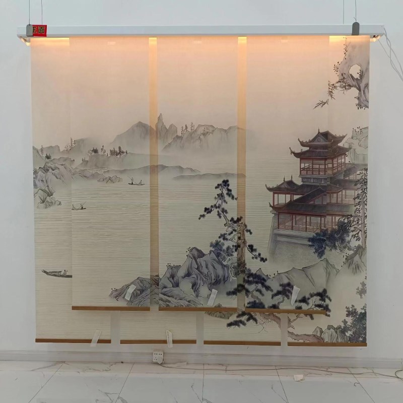 丝绢纱帘素麻布带灯卷帘半透遮光电动窗帘办公室茶室隔断屏风挂帘