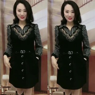 假两件包臀打B底长袖 衬衫 领大尺码 中长版 显瘦洋派 a字宽松秋冬洋装