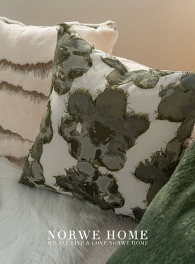 抱枕绿色系睡莲艺术感枕套样板间茶室软装客厅沙发靠枕背床头靠垫