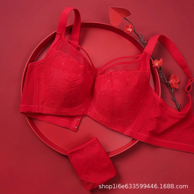 红色内衣内裤本命年女龙年套装大胸显小全罩杯薄款大码文胸一整套