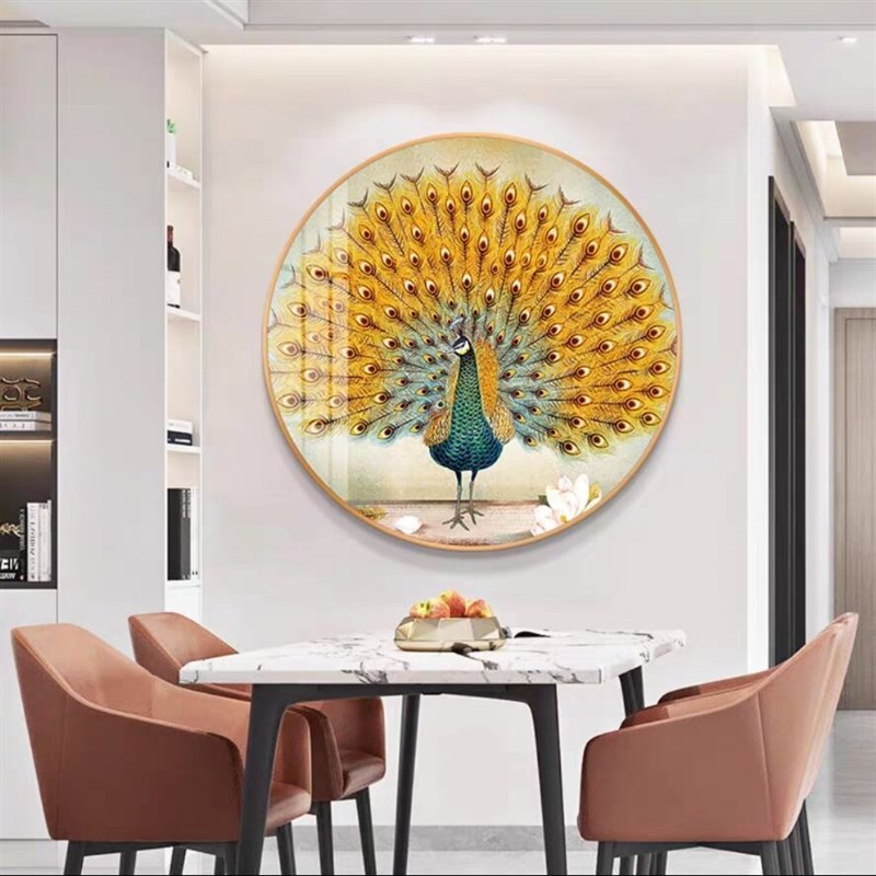 孔雀开屏玄关圆形装饰画新中式客厅卧室床头挂画入户走廊过道壁画图片
