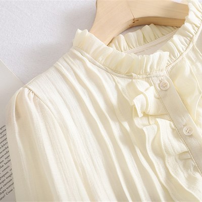 秋水优雅气质衬衫2023春季新款木耳边立领荷叶袖米色衬衫上衣女