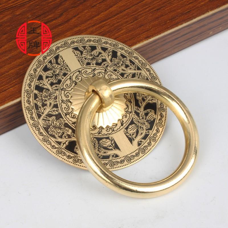 新中式仿古花格门实木门纯铜圆环把手雕花门环房门扣环复古铜拉手