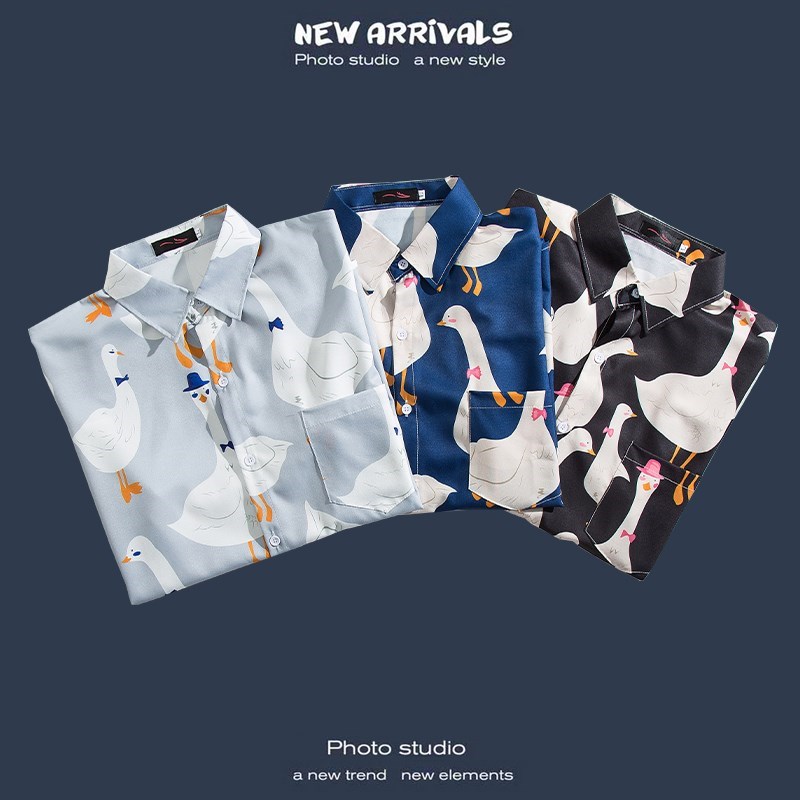 港风夏威夷海边沙滩度假衬衫男宽松大码情侣短袖满印衬衣休闲外套