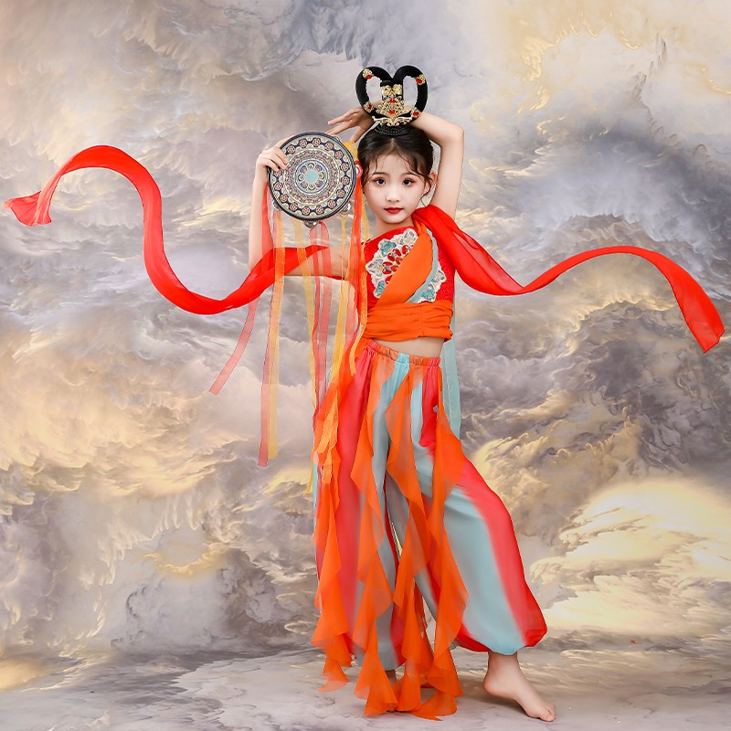 新款女童西域敦煌飞天乐鼓舞蹈裙汉服儿童女演出服异域风情古典舞