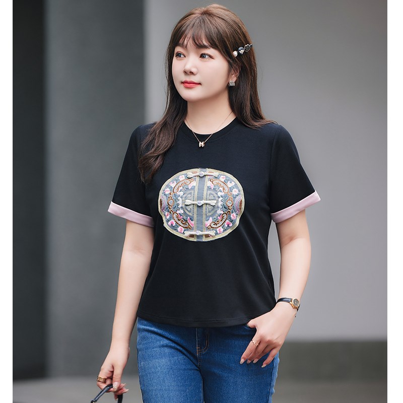 显瘦大码胖妹妹上衣女夏装新款气质休闲新中式圆领T恤衫国风短袖