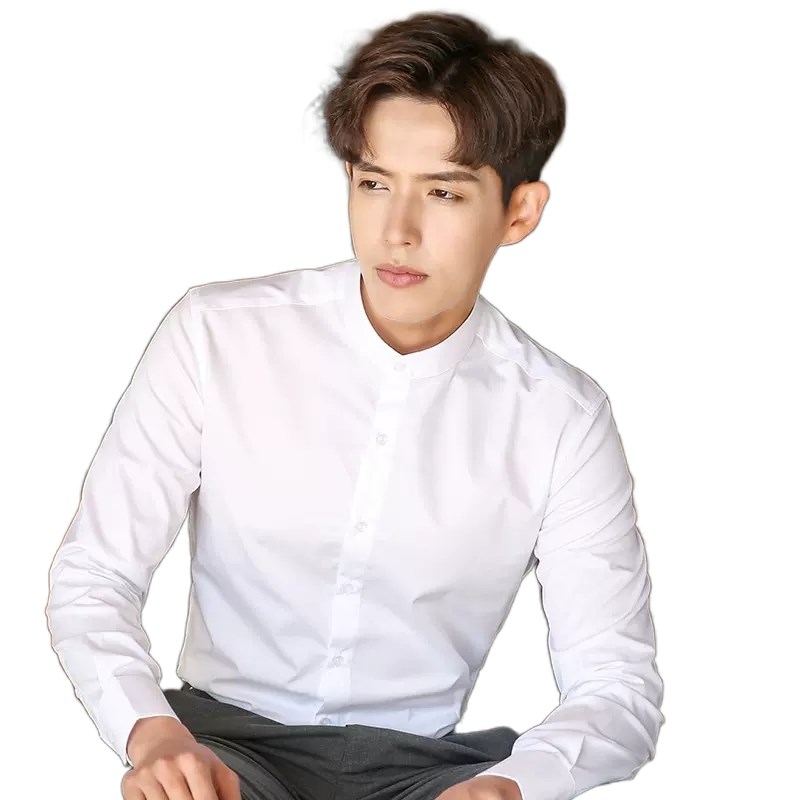 立领白衬衫男长袖春季职业正装中式无领商务圆领工装男士白色衬衣
