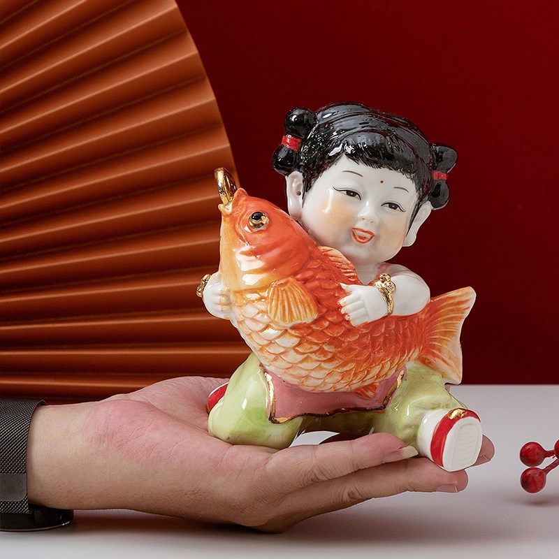 陶瓷男女童子窑彩可爱早生贵子年年有余求子送子手工创意娃娃摆件