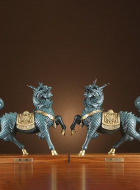 纯铜麒麟摆件一对彩铜火麒麟家居装饰品办公室客厅玄关工艺品摆设