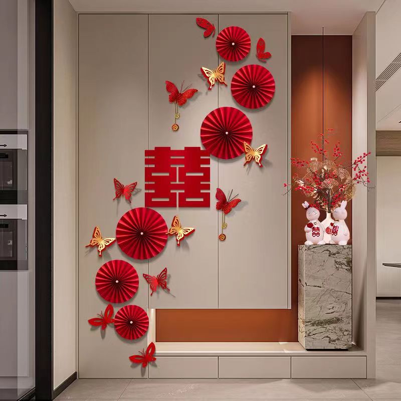 婚房布置男方结婚新房客厅玄关装饰婚礼房间高级感背景墙拉花套装