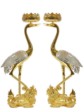 锡烛台龙龟仙鹤烛台一对烛台摆件家用灯台蜡台仙鹤踏龙龟烛台合金