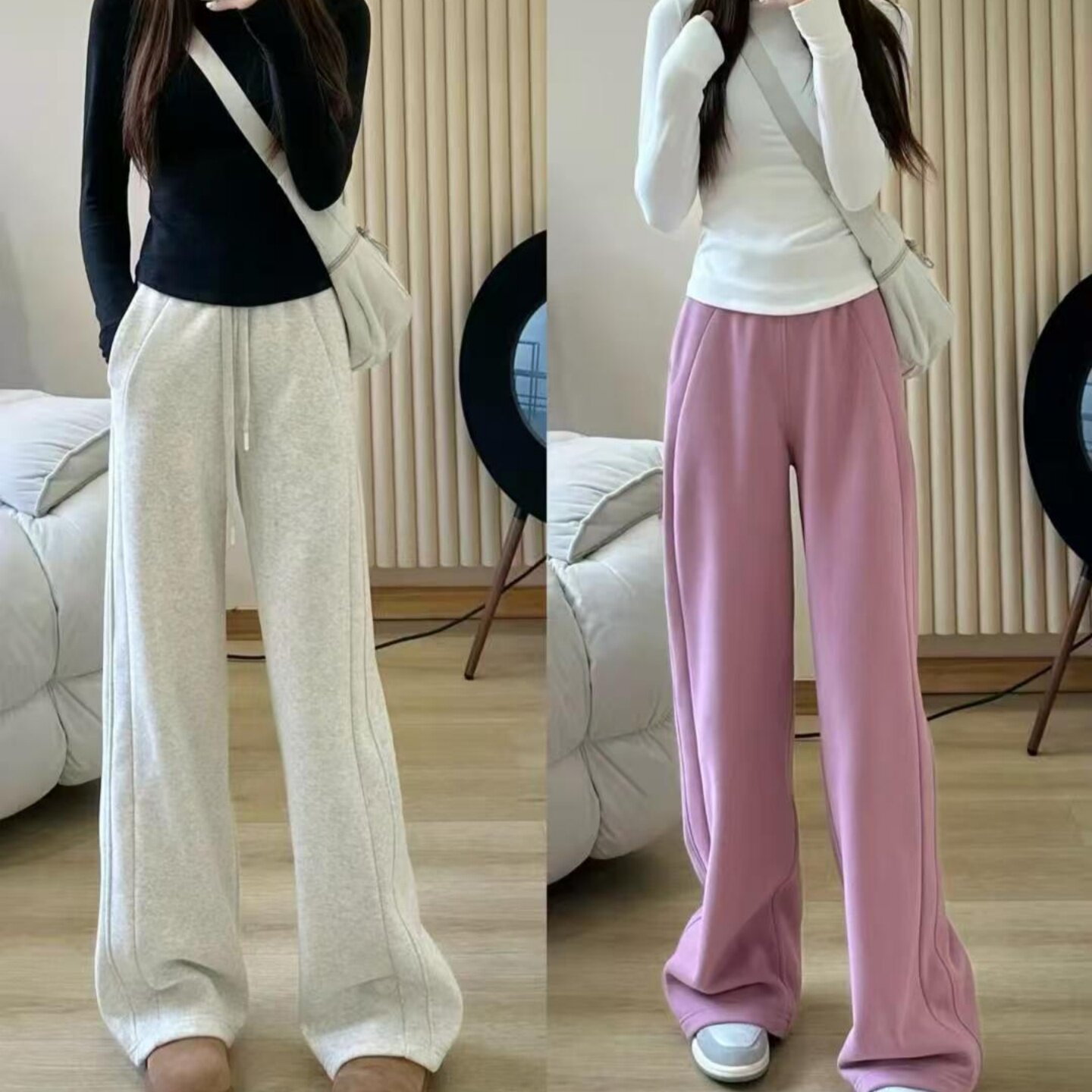 lu家同款 scuba 卫裤秋冬加薄绒休闲运动宽松阔腿裤直筒抽绳裤女