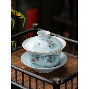 天青汝窑三才盖碗茶杯特大号复古泡茶碗单个陶瓷家用功夫茶具开片