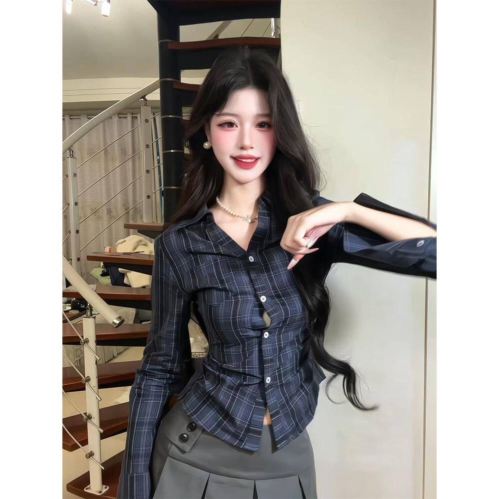 蓝调氛围 秋装新款学院风辣妹收腰衬衫长袖条纹衬衣百褶短裙套装