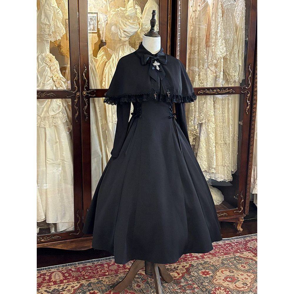 梦魇魔女 日系哥特暗黑气质氛围设计lolita长袖连衣裙披肩套装女