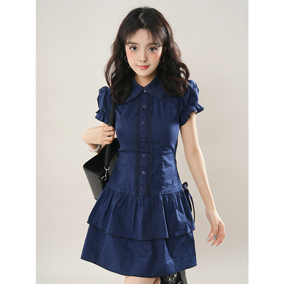 深蓝色蕾丝拼接衬衫连衣裙