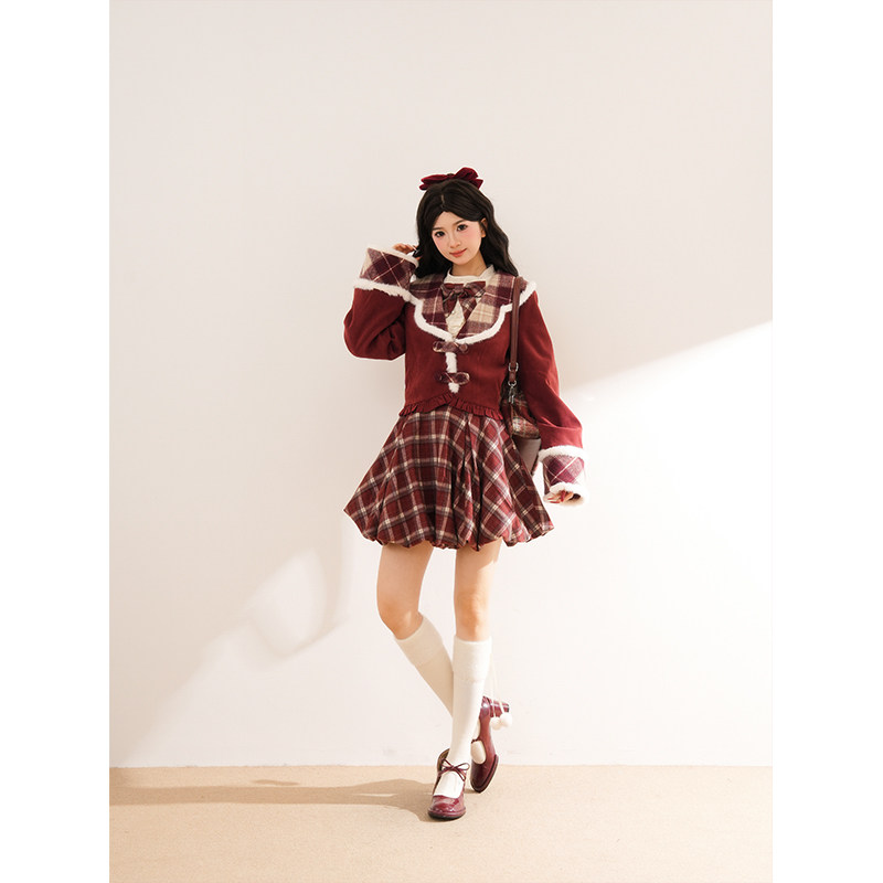 新年氛围感甜美减龄假两件连衣裙拼接毛毛边红色格纹花苞收腰短裙