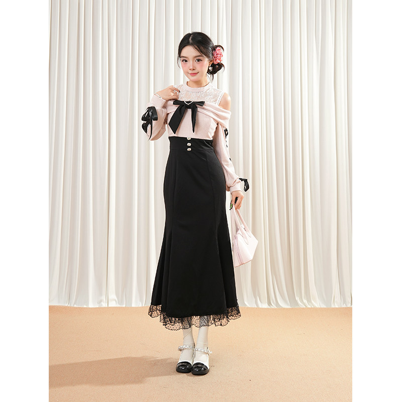 日系清楚系千金黑色蝴蝶结露肩系带连衣裙拼接假两件包臀鱼尾长裙
