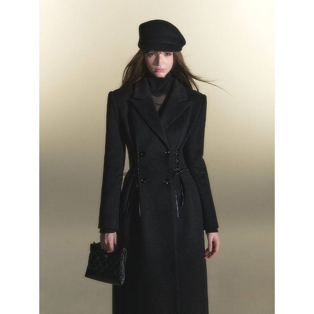 巴黎香颂 气质感留洋大小姐超模收腰绑带双排扣长款毛呢大衣外套