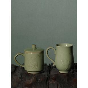 燕庐龙腾越窑青瓷上林湖秘色瓷单杯鹿鹤同春对杯茶水杯